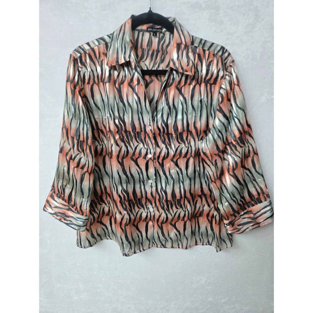 Piano Blouse Metallic Animal Print Tiger Stripe Button Down Shirt Large VTG Y2K